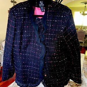 Skirt and jacket set.  Black tweed with shimmer pink and white threads.